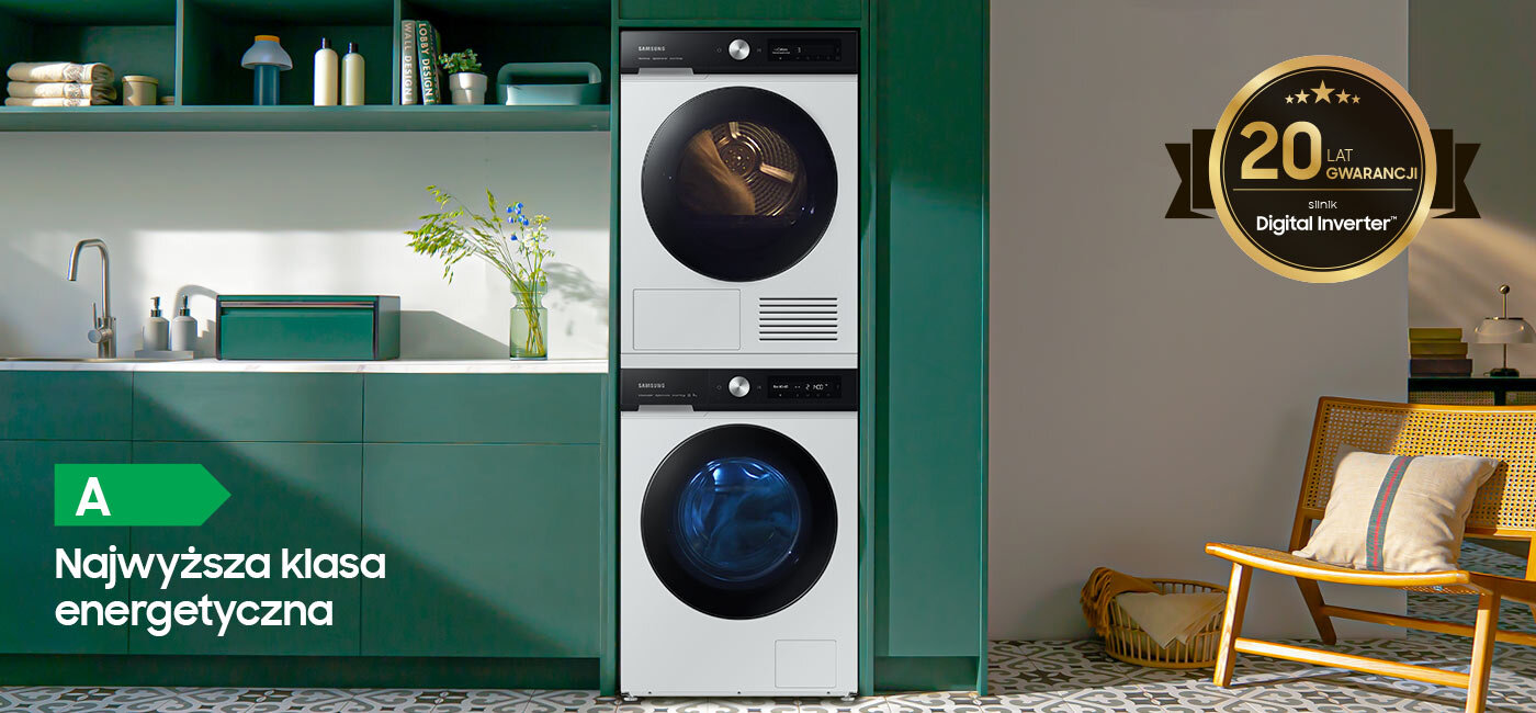 Grafika zawiera informację o tym, że pralka ma najwyższą klasę efektywności energetycznej, a na zamontowany w niej kompresor obowiązuje 20 lat gwarancji Grafika zawiera informację o tym, że pralka ma najwyższą klasę efektywności energetycznej, a na zamontowany w niej kompresor obowiązuje 20 lat gwarancji
