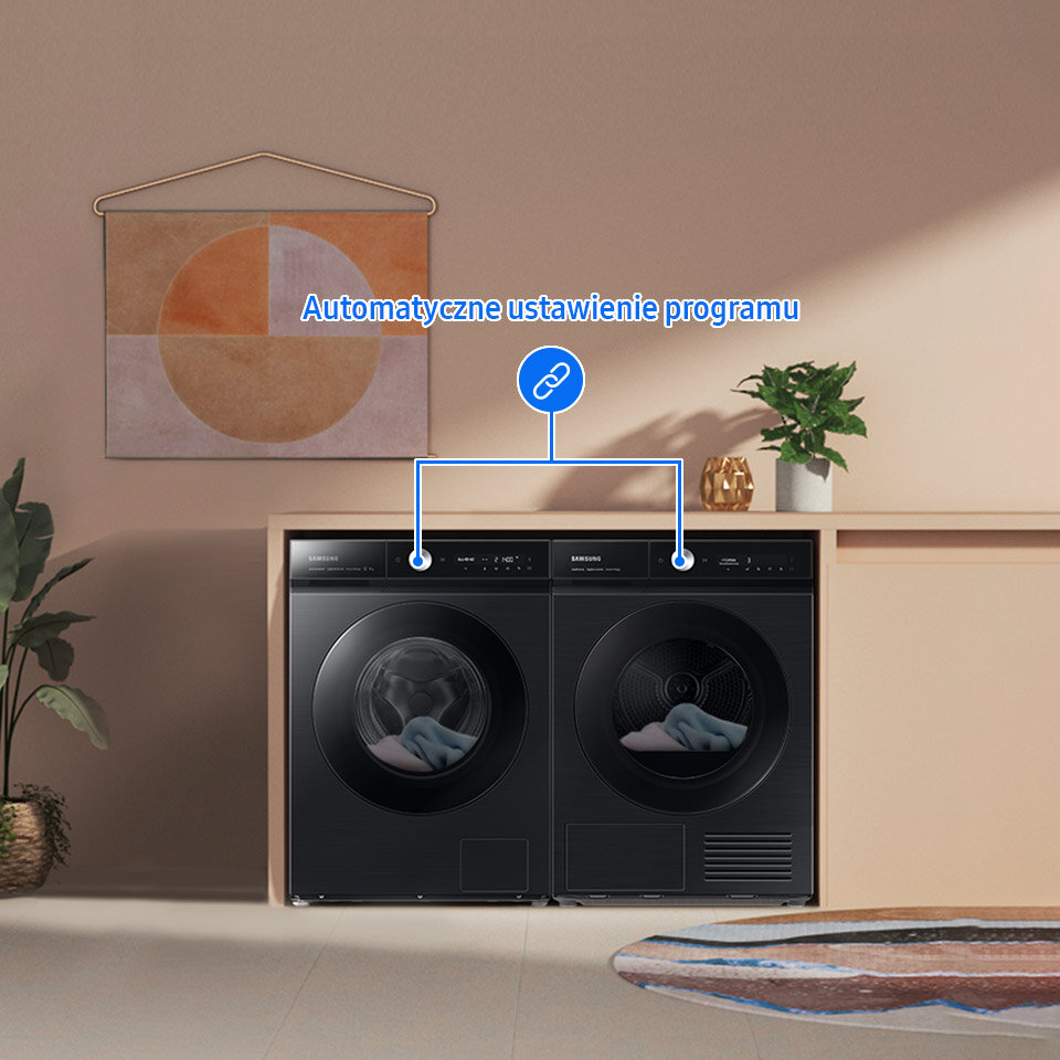 Zdjęcie pokazuje możliwość powiązania pralki i suszarki za pośrednictwem Wi-Fi