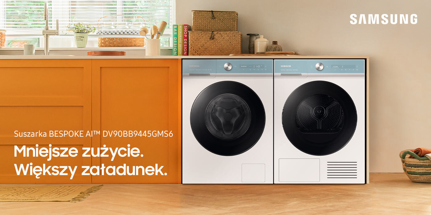 Media Expert to sklep, w którym kupisz suszarkę Samsung BESPOKE AI. Urządzenie zostało przedstawione na zdjęciu zaraz obok białej pralki