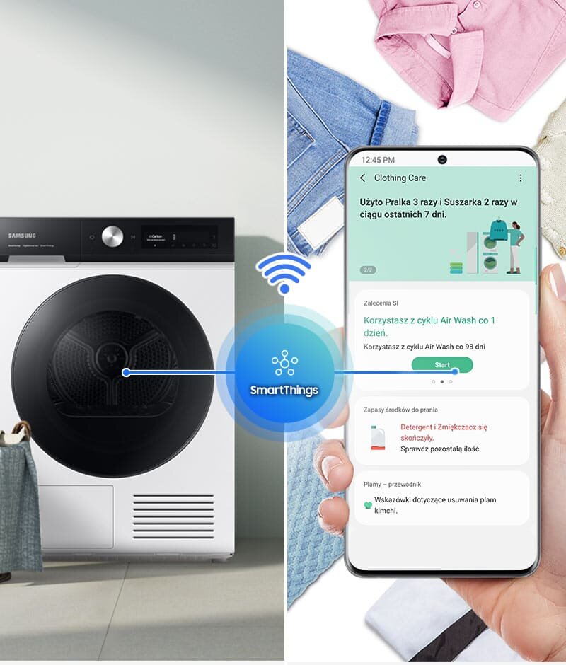 A SmartThings alkalmazás lehetővé teszi, hogy távolról, bárhonnan vezérelhesd és felügyelhesd Samsung DV90BB7445GES6 szárítógéped működését.