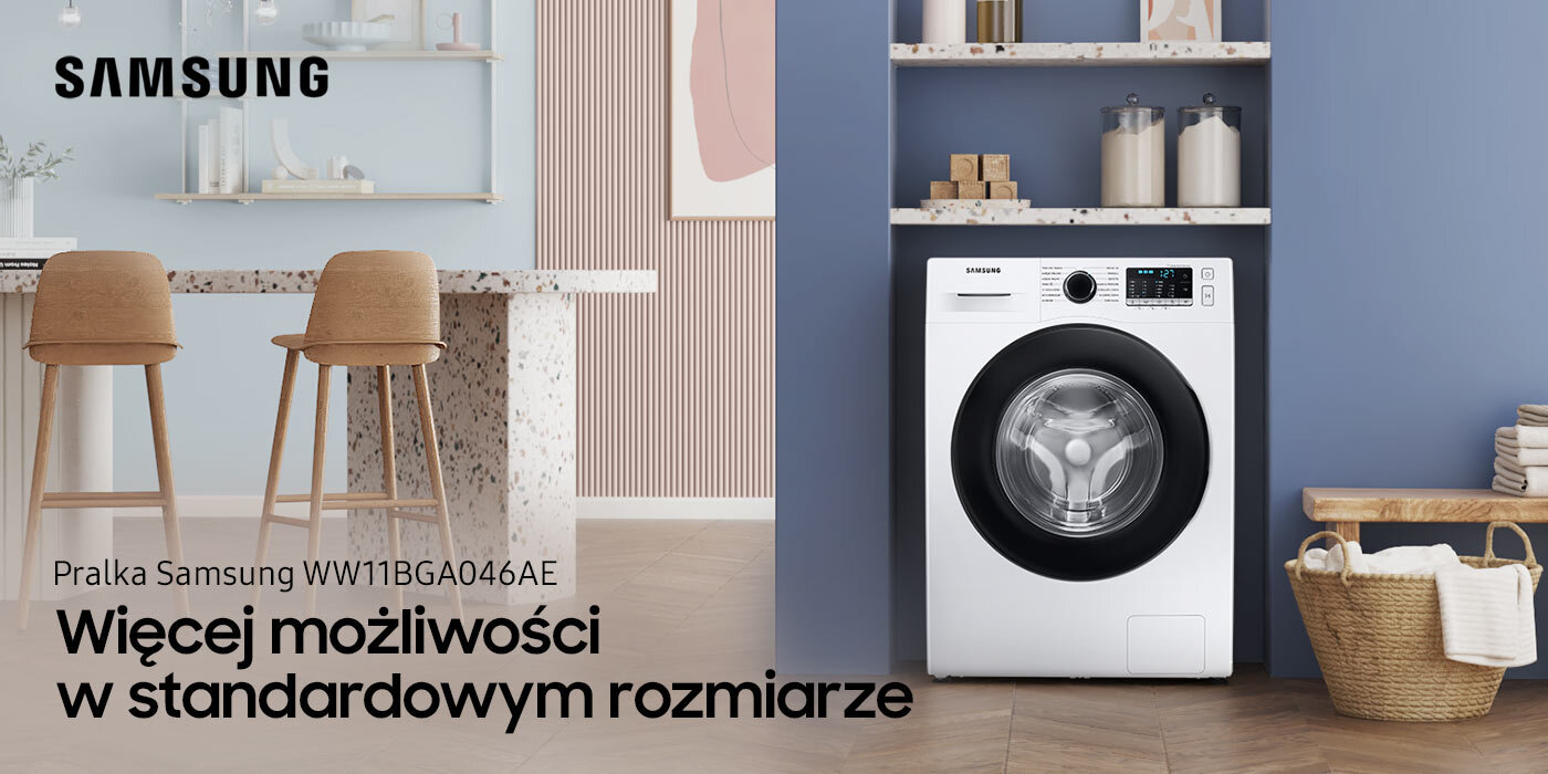 Pralka Samsung WW11BGA046AE/EO dostępna w sprzedaży w Media Expert została pokazana w nowoczesnej kuchni jako urządzenie wolnostojące Pralka Samsung WW11BGA046AE/EO dostępna w sprzedaży w Media Expert została pokazana w nowoczesnej kuchni jako urządzenie wolnostojące