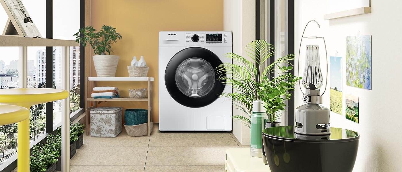 Zdjęcie pralki Samsung WW11BGA046AE/EO w kolorowo urządzonym mieszkaniu pokazuje funkcjonalność urządzenia z oferty sklepów Media Expert Zdjęcie pralki Samsung WW11BGA046AE/EO w kolorowo urządzonym mieszkaniu pokazuje funkcjonalność urządzenia z oferty sklepów Media Expert