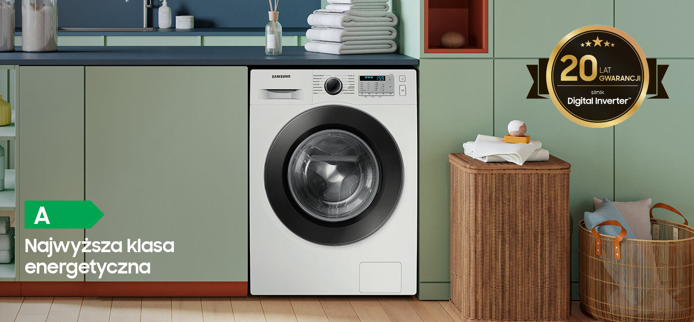 Objęty dwudziestoletnią gwarancją silnik Digital Inverter zapewnia pralce Samsung WW11BGA046AE/EO ciche i efektywne działanie w klasie energetycznej A, o czym informuje grafika Objęty dwudziestoletnią gwarancją silnik Digital Inverter zapewnia pralce Samsung WW11BGA046AE/EO ciche i efektywne działanie w klasie energetycznej A, o czym informuje grafika