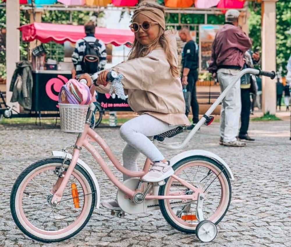 Rower dziecięcy SUN BABY Heart Bike Silver Moon 14 cali dla dziewczynki rozowy w pięknym morelowym kolorze dla dziewczynek w wieku od 3 do 5 lat szlifowanie umiejętności jazdy na rowerze doskonała zabawa aktywność na świeżym powietrzu stabilny