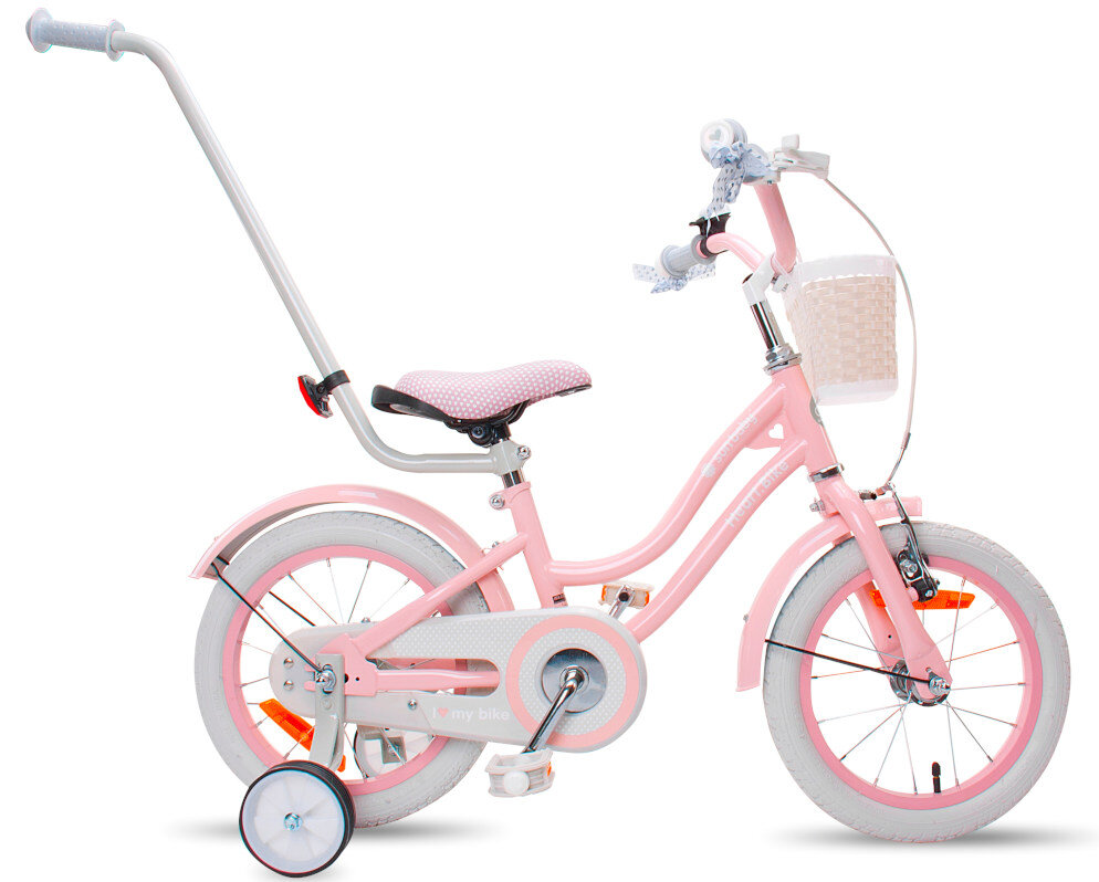 Rower dziecięcy SUN BABY Heart Bike Silver Moon 14 cali dla dziewczynki rozowy koła 14-calowe aluminiowe obręcze boczne kółka asekurują dziecko w początkowej fazie nauki łańcuch bezpiecznie ukryty po stylową osłoną błotniki w białym kolorze regularne sprawdzanie ciśnienia powietrza wartość na bocznej części opony