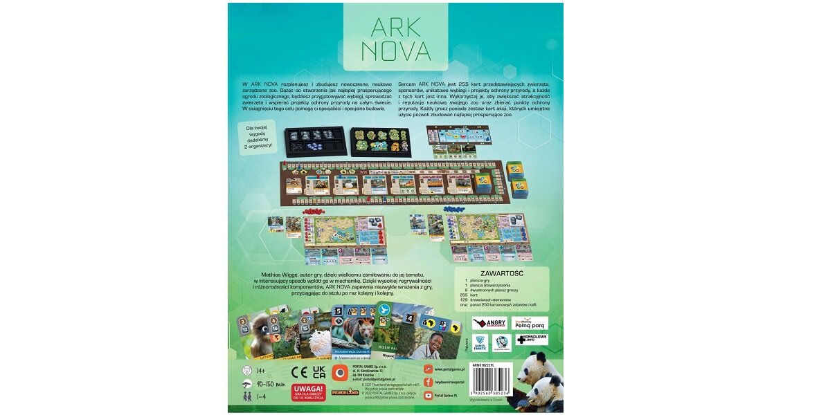 Gra planszowa PORTAL GAMES Ark Nova zoo zwierzęta przyroda efekty bonusy obiekt zabawa kreatywna karty plansza budwolne żetony