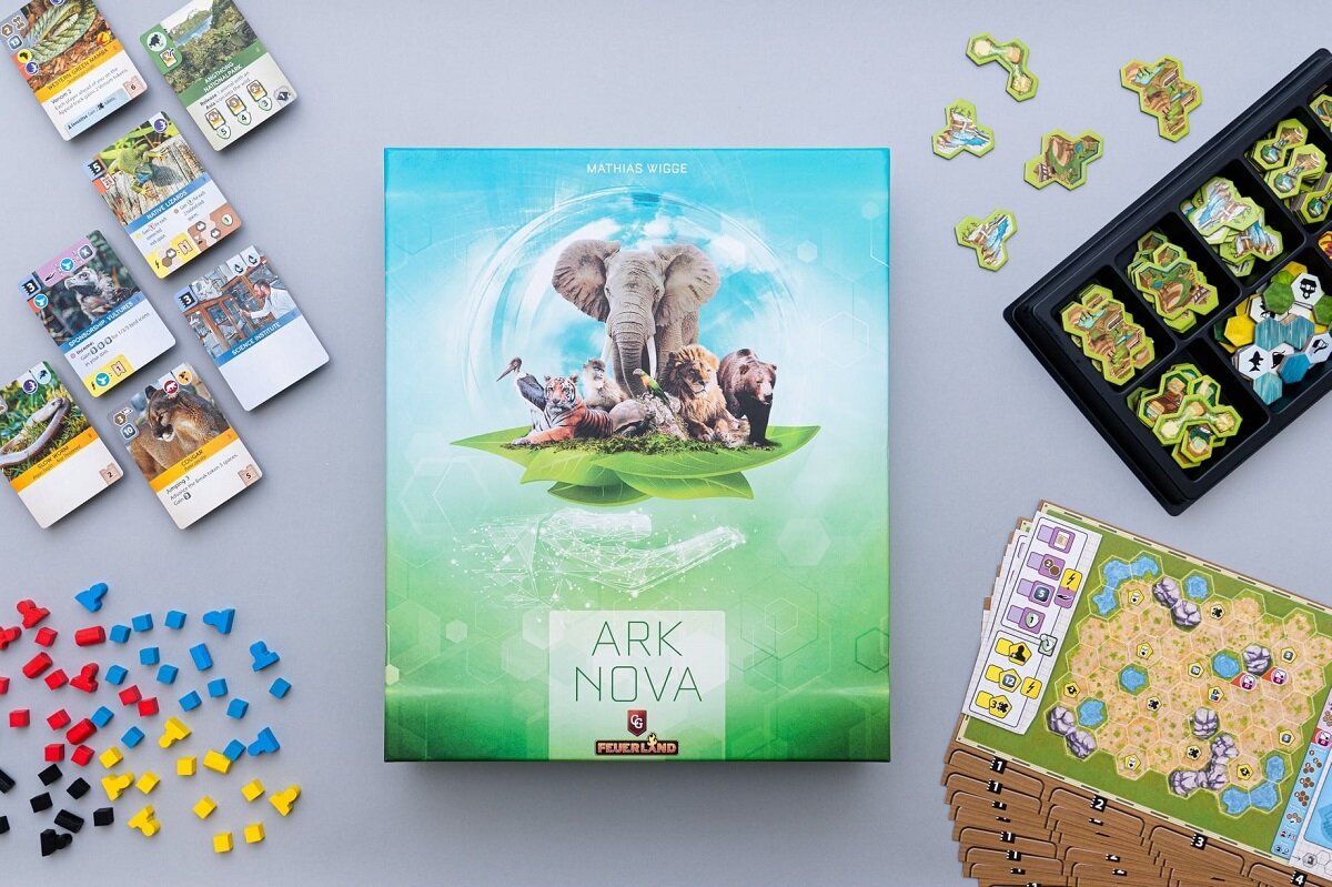 Gra planszowa PORTAL GAMES Ark Nova zoo zwierzęta przyroda efekty bonusy obiekt zabawa kreatywna karty plansza budwolne żetony