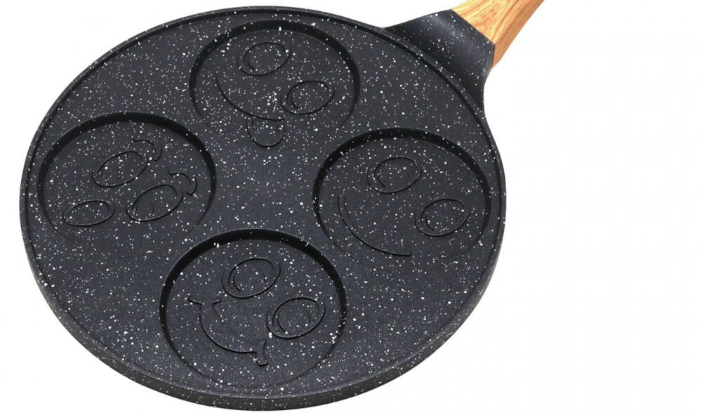 Patelnia KINGHOFF KH-1666 26.5 cm marmurkowa powłoka nieprzywierająca zdrowe smażenie bez tłuszczu zapobieganie przywieraniu ułatwienie gotowania i czyszczenia odporna na zarysowania trwałość powierzchni 4 wyżłobienia w kształcie buziek emoji średnica 10 cm zabawa kuchenne przygody stylowy wygląd elegancja w każdej kuchni  