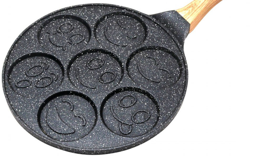 Patelnia KINGHOFF KH-1667 26.5 cm marmurkowa powłoka nieprzywierająca zdrowe smażenie bez tłuszczu zapobieganie przywieraniu ułatwienie gotowania i czyszczenia odporna na zarysowania trwałość powierzchni 7 wyżłobien w kształcie buziek emoji średnica 7,5 cm zabawa kuchenne przygody stylowy wygląd elegancja w każdej kuchni  