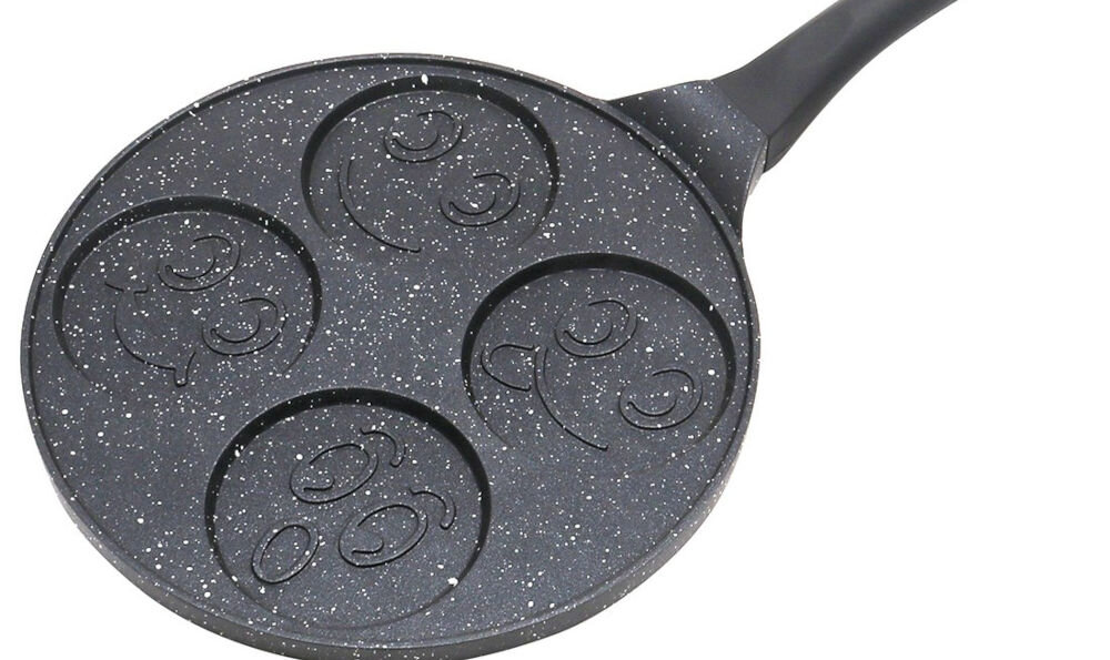 Patelnia KINGHOFF KH-1672 26.5 cm marmurkowa powłoka nieprzywierająca zdrowe smażenie bez tłuszczu zapobieganie przywieraniu ułatwienie gotowania i czyszczenia odporna na zarysowania trwałość powierzchni 4 wyżłobienia w kształcie buziek emoji średnica 10 cm zabawa kuchenne przygody stylowy wygląd elegancja w każdej kuchni  