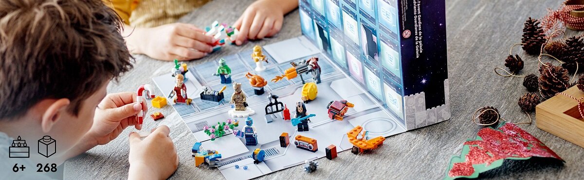LEGO Marvel Kalendarz adwentowy ze Strażnikami Galaktyki 76231 Świąteczny prezent dla młodych superbohaterów Sześć kultowych minifigurek