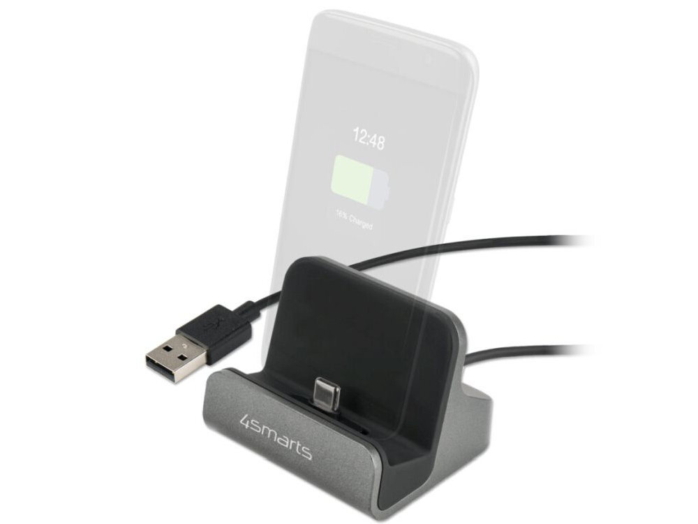 4SMARTS VoltDock portem USB typu C szybkie ładowanie 10 W wejściu z USB-A standardem USB 2.0 przesyłanie danych z prędkością do 480 Mbit/s telefonem a komputerem - stojak na białym tle