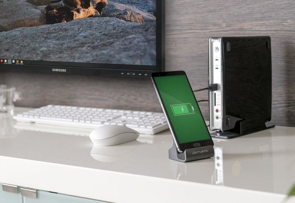 4SMARTS VoltDock wygodnego stojaka biurku, w kuchni czy przy łóżku szarym Gumowa powłoka - telefon w stojaku na biurku