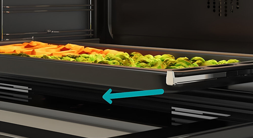 KUCHNIA GORENJE GK5C65XV wizualizacja blacha wysuwanie strzałka prowadnice teleskopowe bezpieczne wysuwanie blach komfort pieczenia łatwe czyszczenie demontaż blach piekarnik wypieki