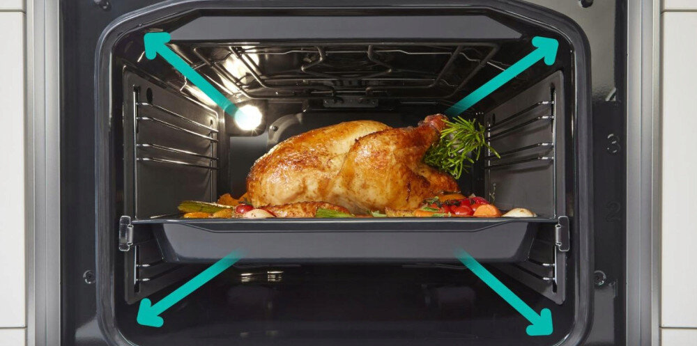 KUCHNIA GORENJE GK5C65XV wnętrze blacha strzałki rozprowadzanie ciepła kurczak chrupiąca skórka światło większe wnętrze piekarnik efektywne wykorzystanie przestrzeni 71 litrów więcej miejsca na blasze równomierne pieczenie wszystkie poziomy konstrukcja innowacyjne rozwiązania technologie