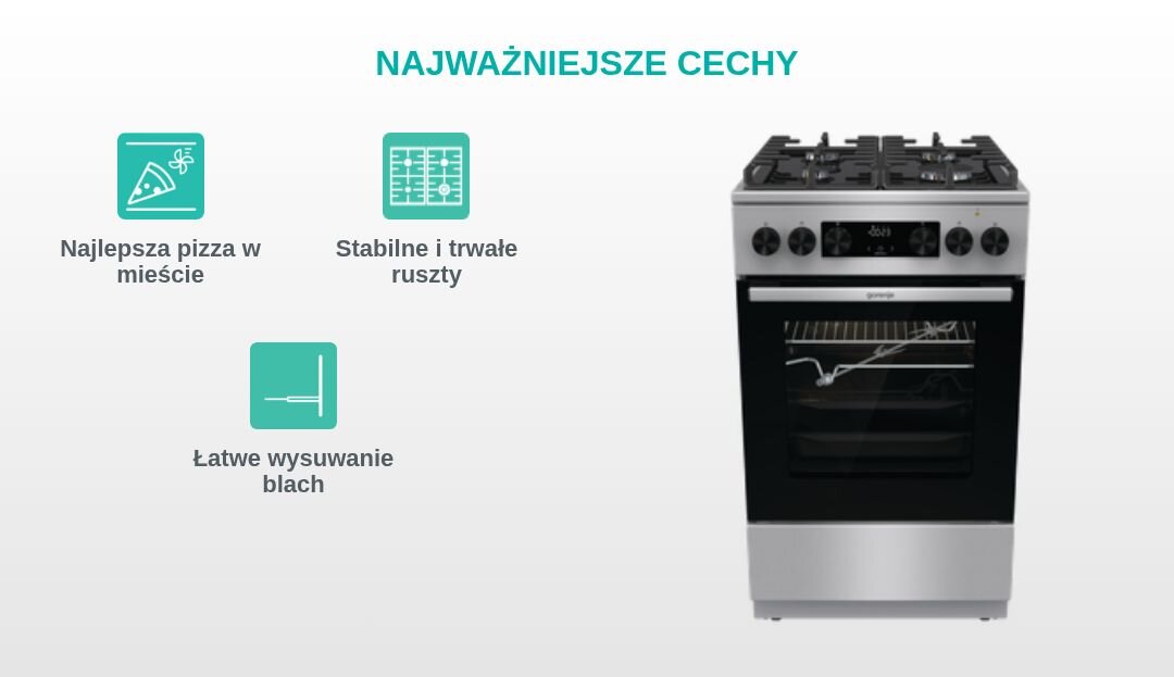 KUCHNIA GORENJE GK5C65XV Grafika produktowa z kuchnią wolnostojącą Gorenje po prawej stronie oraz trzema turkusowymi piktogramami po lewej, opisanymi jako „Najlepsza pizza w mieście”, „Stabilne i trwałe ruszty” i „Łatwe wysuwanie blach” pod nagłówkiem „NAJWAŻNIEJSZE CECHY”