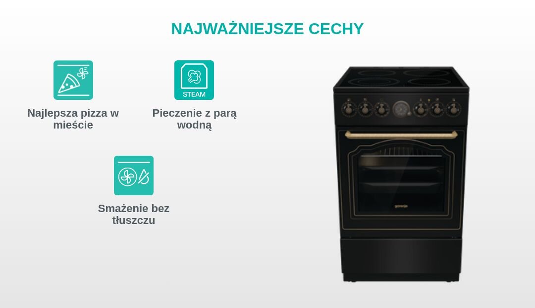 KUCHNIA GORENJE GECS5B70CLB Grafika produktowa z kuchnią wolnostojącą Gorenje po prawej stronie oraz trzema turkusowymi piktogramami po lewej, opisanymi jako „Najlepsza pizza w mieście”, „Stabilne i trwałe ruszty” i „Łatwe wysuwanie blach” pod nagłówkiem „NAJWAŻNIEJSZE CECHY”