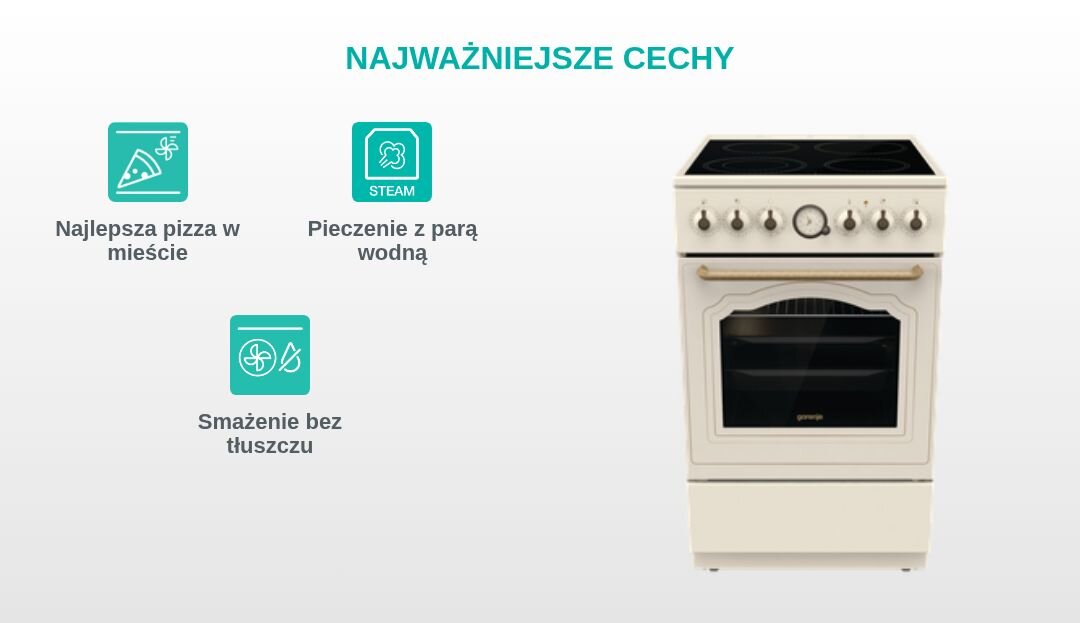 KUCHNIA GORENJE GECS5B70CLI Grafika produktowa z kuchnią wolnostojącą Gorenje po prawej stronie oraz trzema turkusowymi piktogramami po lewej, opisanymi jako „Najlepsza pizza w mieście”, „Stabilne i trwałe ruszty” i „Łatwe wysuwanie blach” pod nagłówkiem „NAJWAŻNIEJSZE CECHY”