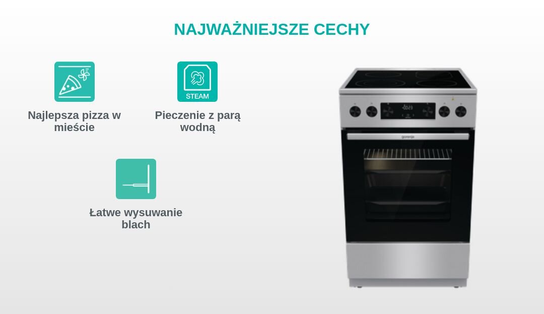 KUCHNIA GORENJE GECS5C70XPA Grafika produktowa z kuchnią wolnostojącą Gorenje po prawej stronie oraz trzema turkusowymi piktogramami po lewej, opisanymi jako „Najlepsza pizza w mieście”, „Stabilne i trwałe ruszty” i „Łatwe wysuwanie blach” pod nagłówkiem „NAJWAŻNIEJSZE CECHY”