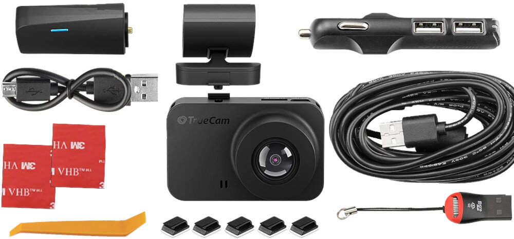 Wideorejestrator TRUECAM M11 GPS 4K opakowanie zawartość akcesoria zestaw