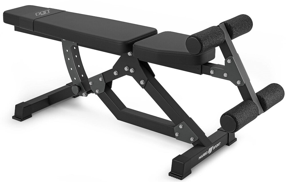 Ławka do ćwiczeń MARBO SPORT MS-L110 2.0 solidna konstrukcja niewielki design latwe przechowywanie wymiary 135 x 45 x 58 cm 146 x 45 xx 58 cm w pozycji plaskiej