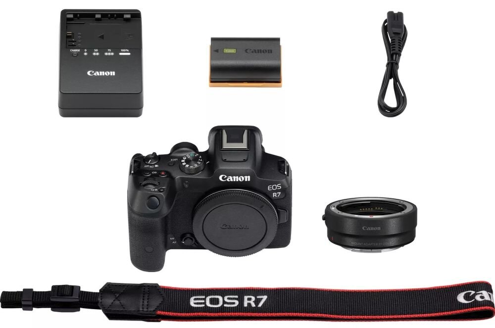 Aparat CANON EOS R7 zdjęcia obiektyw ekran wizjer ogniskowa przysłona migawka obudowa bateria zasilanie filmy nagrywanie rozdzielczość matryca rozmiar przekątna tryby iso montaż lampa światło przyciski sterowanie menu kontrast jasność balans bieli filtry cmos karta pliki format zapis seria