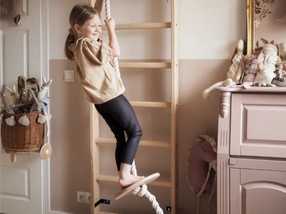 Drabinka gimnastyczna BENCHK 113 + Drążek – Akcesoria drewniana hustawka bawelniana mocna lina maksymalna waga dziecka do 80 kg