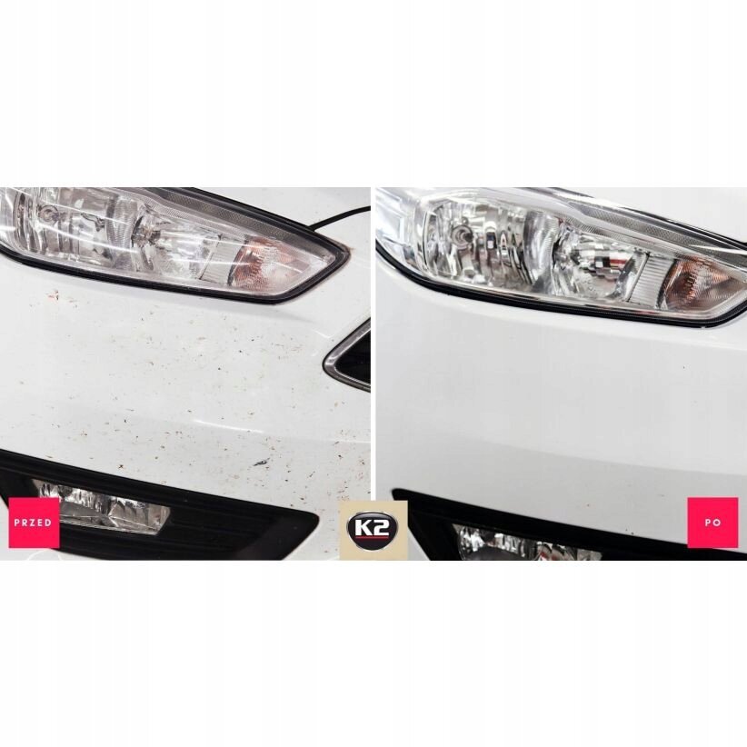 Obraz przedstawia dwa zbliżenia na reflektor samochodowy. Po lewej stronie widoczny jest brudny reflektor z napisem \'PRZED\', a po prawej czysty reflektor z napisem \'PO\'; na środku znajduje się logo \'K2\'.
