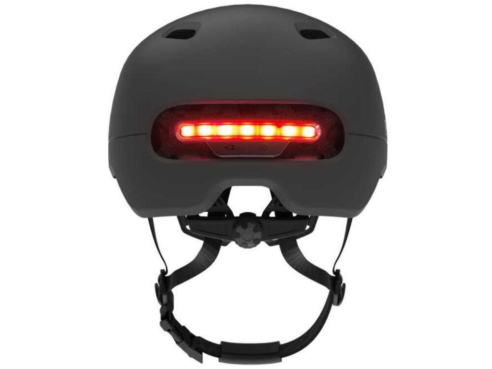 Kask LIVALL C20 Czarny (rozmiar M) kask na białym tle widoczny od tyłu włączone diody zintegrowane oświetlenie LED trzy tryby pracy tryb adaptacyjny jedna centralna dioda 7 diod tryb sekwencyjny z szybkim, podwójnym błyskiem tryb progresywny, z rozświetlaniem od środka na zewnątrz zmniejsza ryzyko kolizji