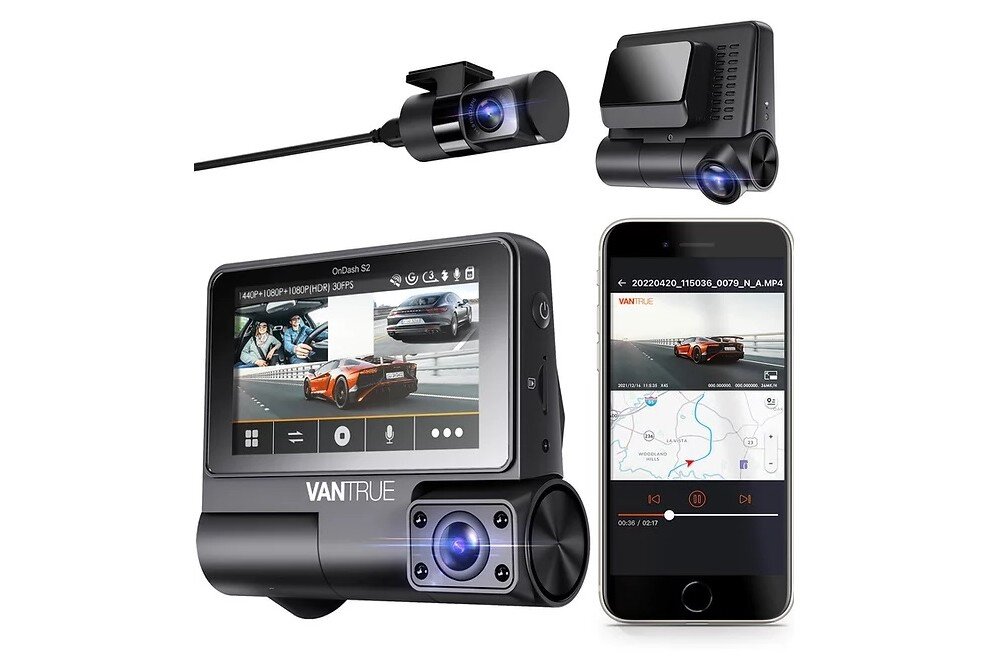 Wideorejestrator VANTRUE S2 3CH   obiektyw rozdzielczość nagrywanie kąt zapis sensor czujnik montaż wymiary ładowanie zasilanie auto samochód rejestrowanie karta pamięć pojemność ładowarka obraz zdjęcia filmy aplikacja sterowanie 
