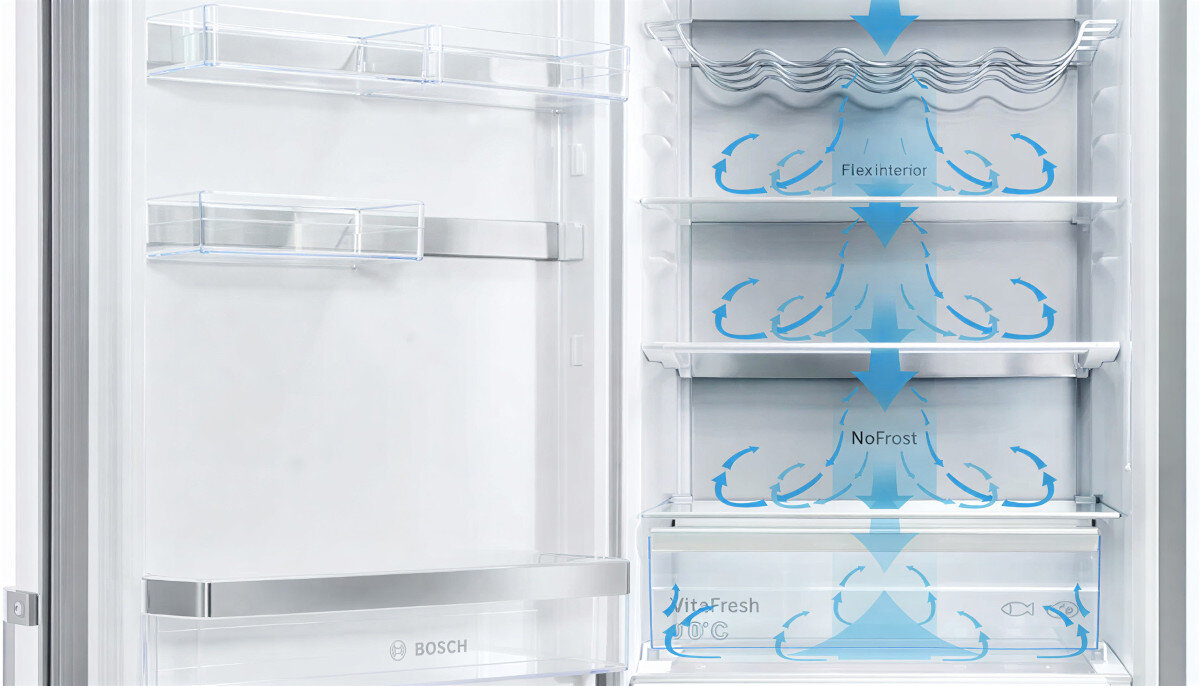 LODÓWKA BOSCH KGN49LBCF BLACK Zdjęcie pokazuje wnętrze lodówki z zaznaczonym kierunkiem cyrkulacji powietrza dzięki niebieskim strzałkom oznaczającym technologie FlexInterior i NoFrost. Po lewej stronie widoczne są transparentne balkoniki na drzwiach tylna ściana Metal Backwall MultiAirflow Równomierne chłodzenie
