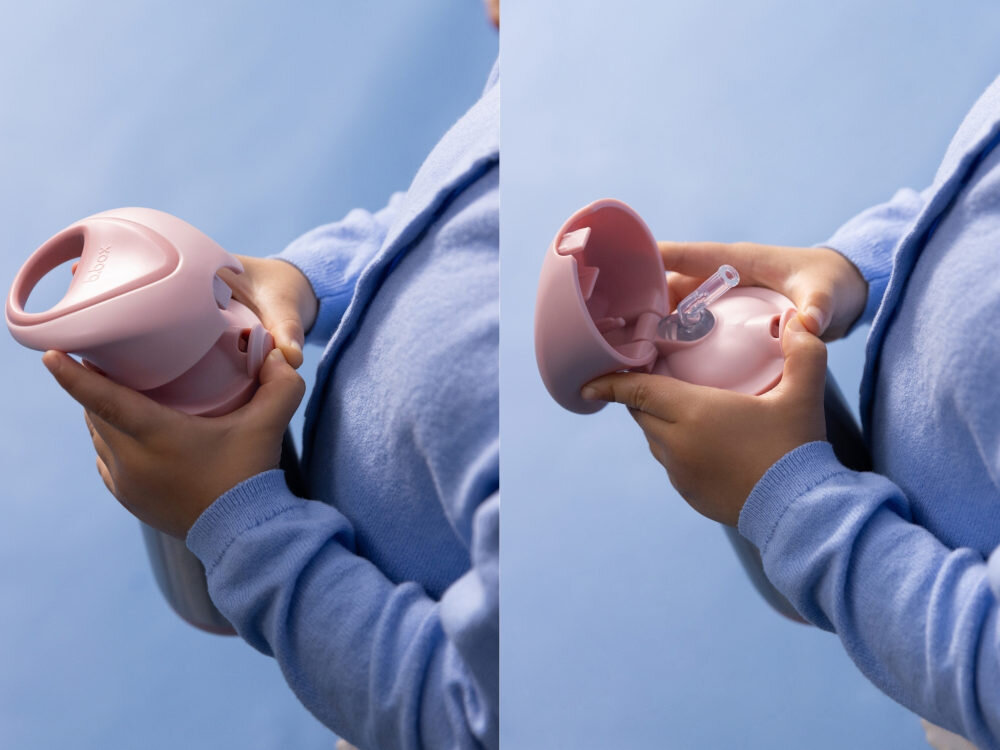 Bidon termiczny B.BOX BB00449 Różowo-szary Proste otwieranie przyciskiem Otwieranie za pomocą przycisku Zamykana klapka  ochrona miękka silikonowa słomka Ustnik ze słomką ustawiony pod kątem 