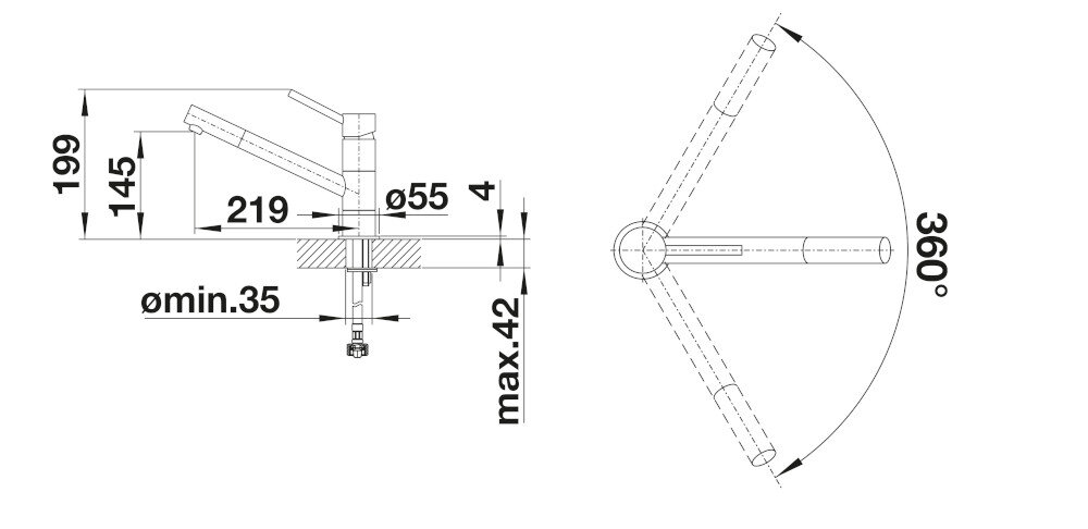 Bateria BLANCO Kano 526667 Czarny mat wymiary Wysokość korpusu wylewki Zasięg
