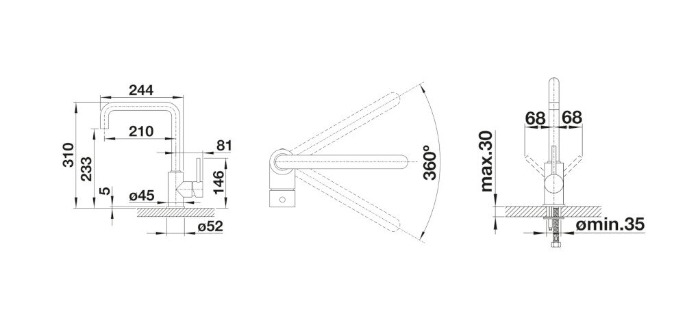 Bateria BLANCO MILI 526665 czarny mat zdjęcie techniczne wymiary Wysokość korpusu wylewki Zasięg