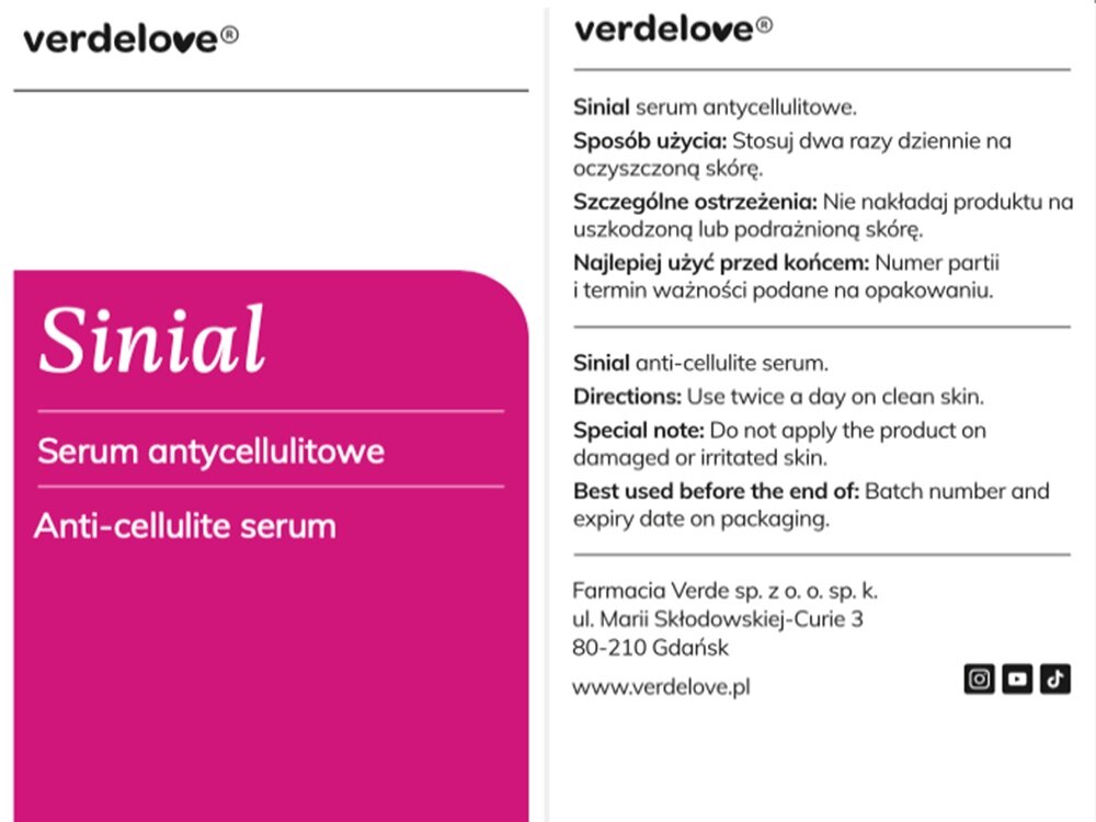 Serum VERDELOVE Sinial antycellulitowe 200 ml dwa razy dziennie, nie na uszkodzoną skórę