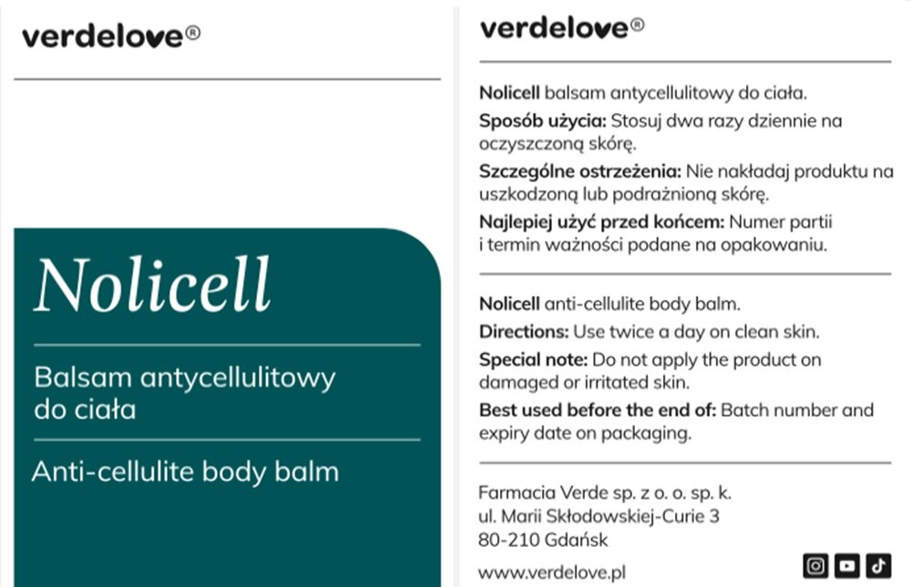 Serum VERDELOVE Nolicell antycellulitowe 200 ml stosuj dwa razy dziennie, nieiwielka ilość, masaż
