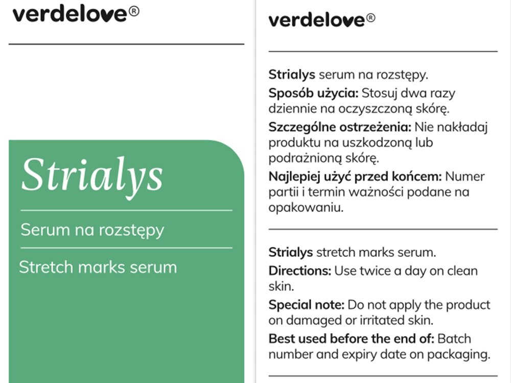 Serum VERDELOVE Strialys przeciw rozstępom 100 ml stosowanie rano i wieczorem, profilaktycznie, zapobiega powstawaniu rozstępów