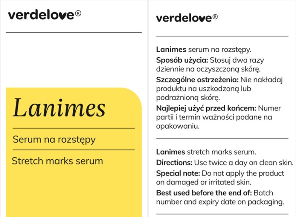 Serum VERDELOVE Lanimes Przeciw rozstępom 100 ml stosowanie dwa razy dziennie, nie stosować na uszkodzonej skórze