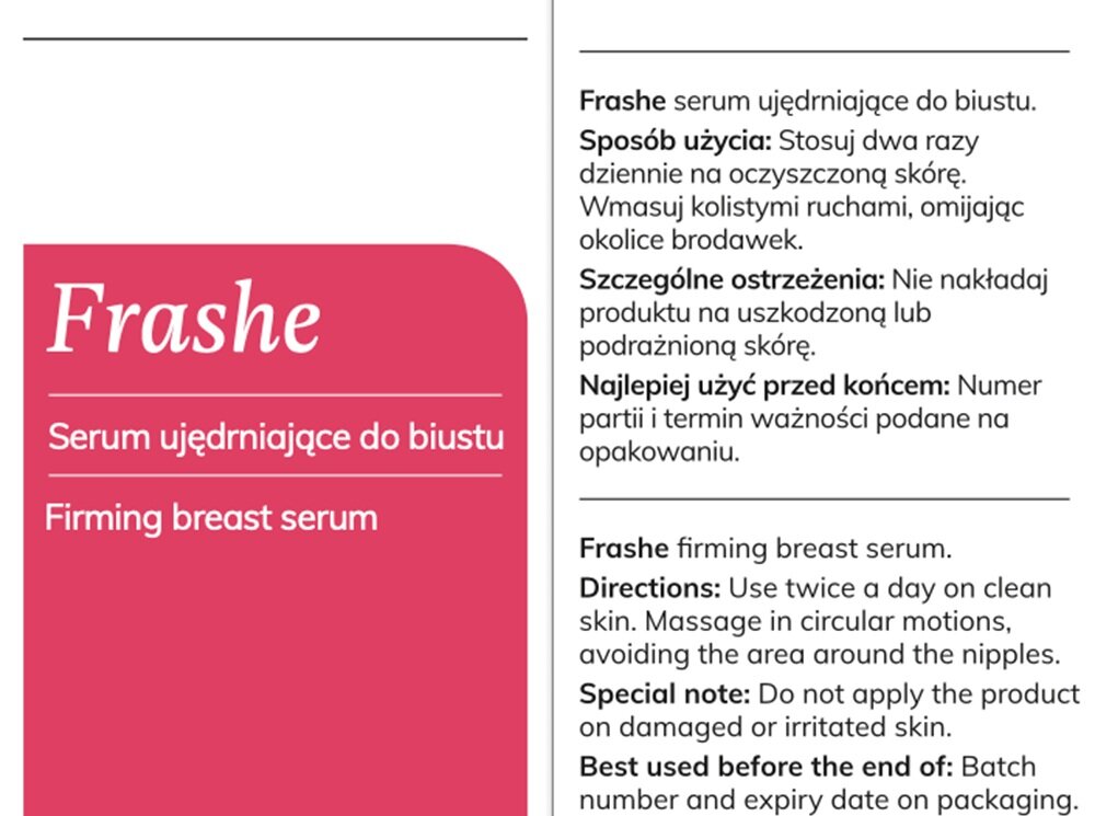Serum VERDELOVE Frashe Do biustu 100 ml dwavrazy dziennie na oczyszczoną skórę, koliste ruchy, nie stosować na uszkodzoną skórę