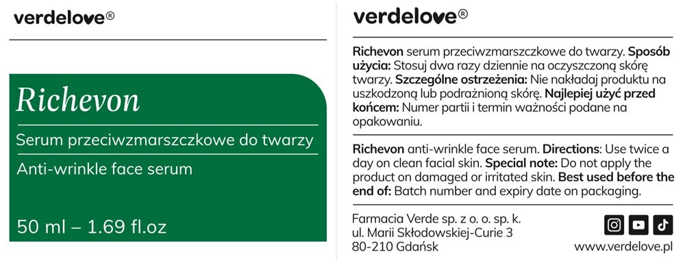 Serum VERDELOVE Richevon przeciwzmarszczkowe 50 ml stosowanie dwa razy dziennie, codzienna pielęgnacja