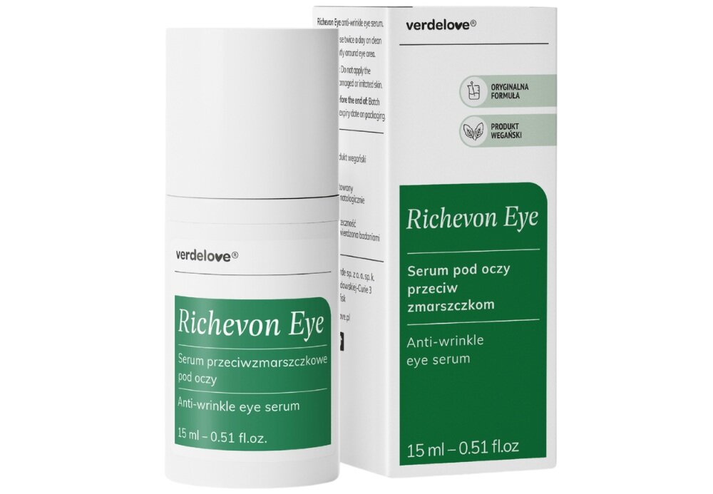 Serum VERDELOVE Richevon Eye przeciwzmarszczkowe 15 ml dopasowany do delikatnej skóry oczu, nawilża i ujędrnia, opóźnia powstawanie zmarszczek