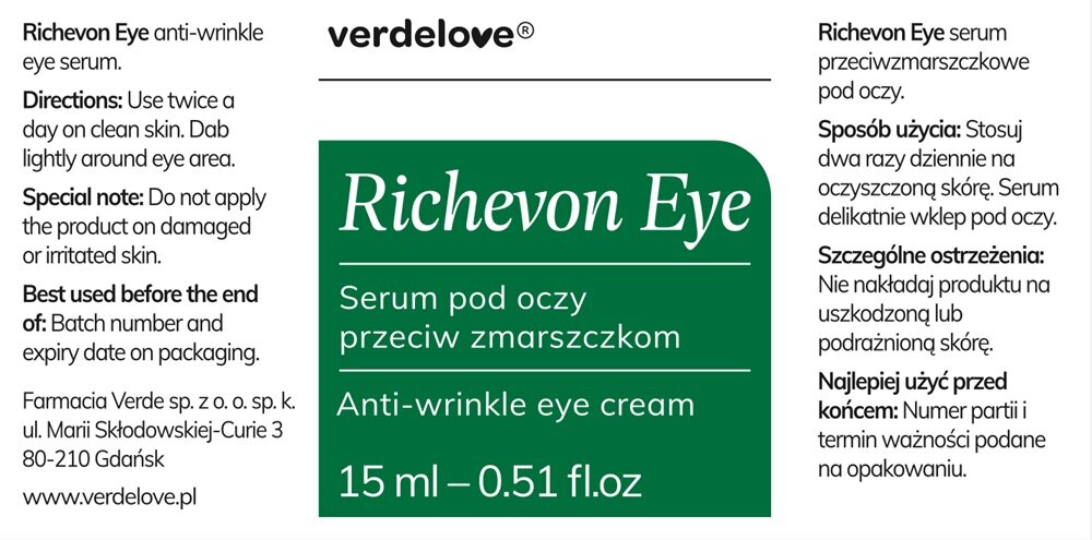 Serum VERDELOVE Richevon Eye przeciwzmarszczkowe 15 ml stosować rano i wieczorem, delikatnie wklepać stosować codziennie