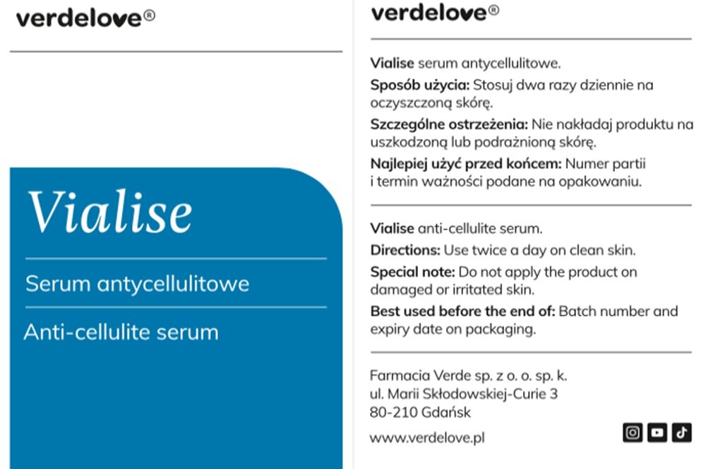 Serum VERDELOVE Vialise antycellulitowe 200 ml stosować dwa razy dziennie, ruchami okrężnymi