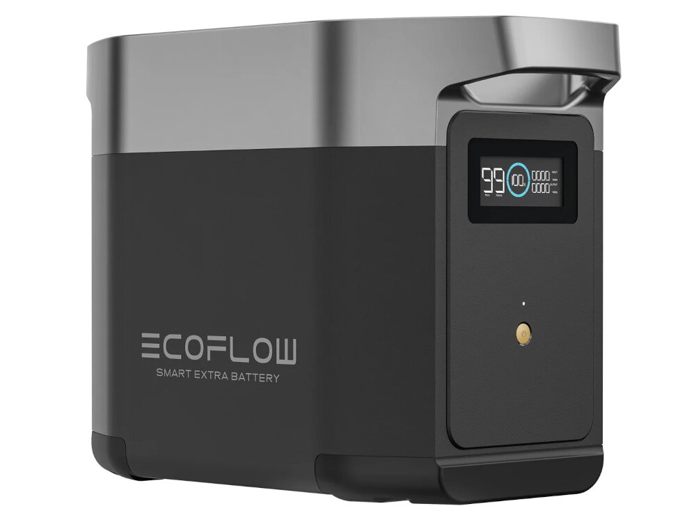 Bateria ECOFLOW 1024Wh do Delta 2 podlaczenie do stacji zasilania ECOFLOW Delta 2 przycisk zasilania przewod wejscie AC mozliwosc podlaczenia jednej lub dwoch stacji dwa wejscia AC wyjsciowe i wejsciowe