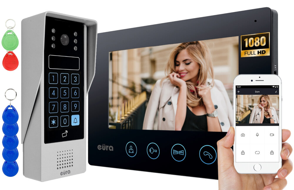 Zestaw wideodomofonowy EURA VDP-42A3 Gamma + Czarny glosnomowiacy monitor EURA VDA-40A3 wbudowany modul Wi-Fi aplikacja mobilna TUYA odbieranie polaczen sterowanie ryglem elektromagnetycznym i automatem bramowym na Andrioid i iOS
