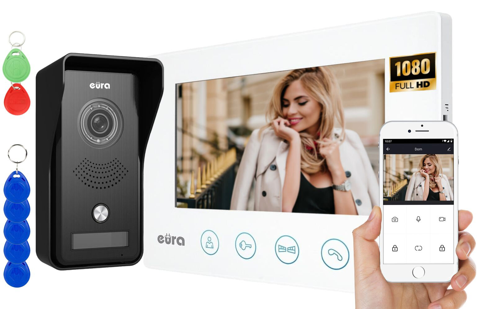 Zestaw wideodomofonowy EURA VDP-42A3 Gamma + Biały glosnomowiacy monitor EURA VDA-40A3 wbudowany modul Wi-Fi aplikacja mobilna TUYA odbieranie polaczen sterowanie ryglem elektromagnetycznym i automatem bramowym na Andrioid i iOS