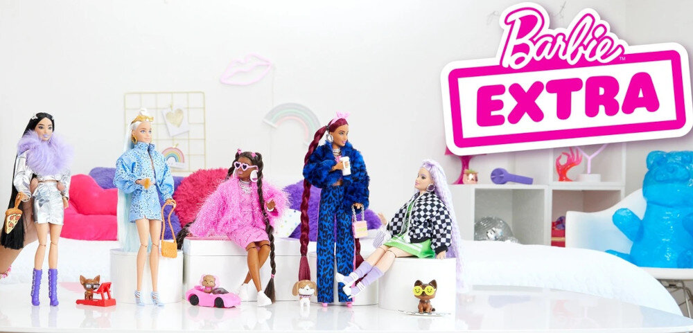 Lalka Barbie Extra Niebieski garnitur panterka Bordowe wlosy HHN09 stylizacja punkty zgiecia