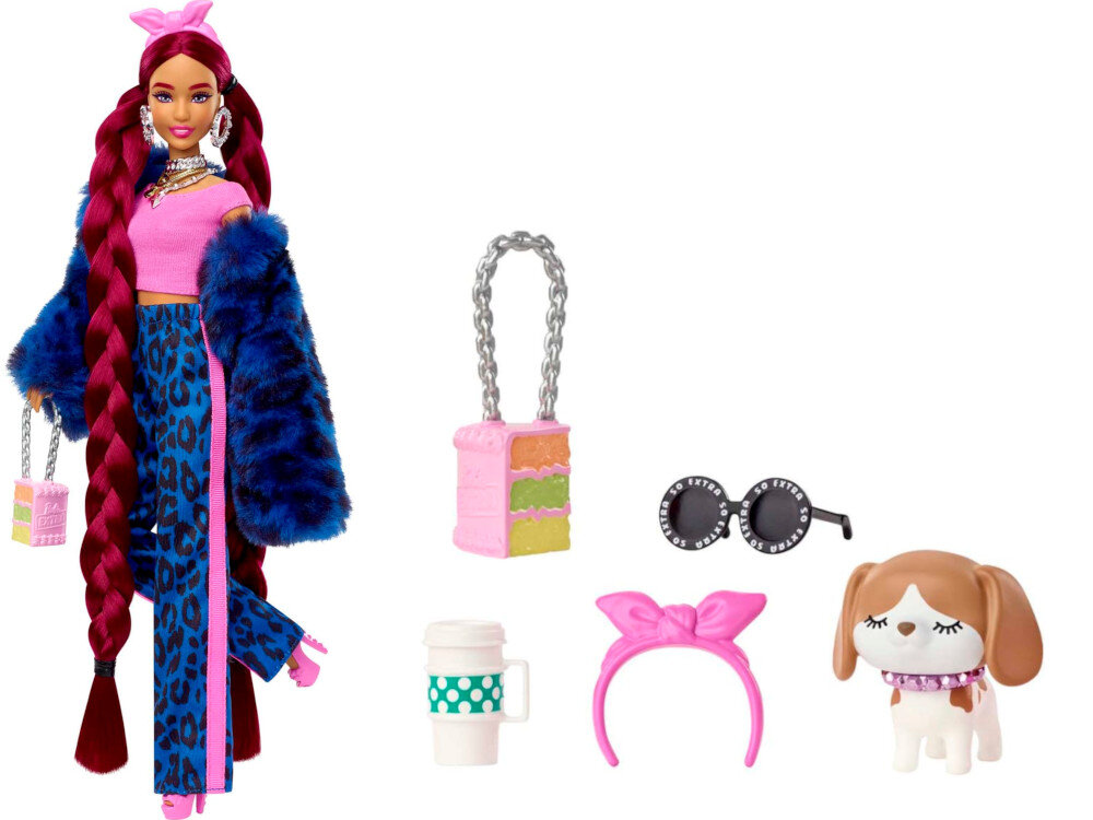 Lalka Barbie Extra Niebieski garnitur panterka Bordowe wlosy HHN09 elementy