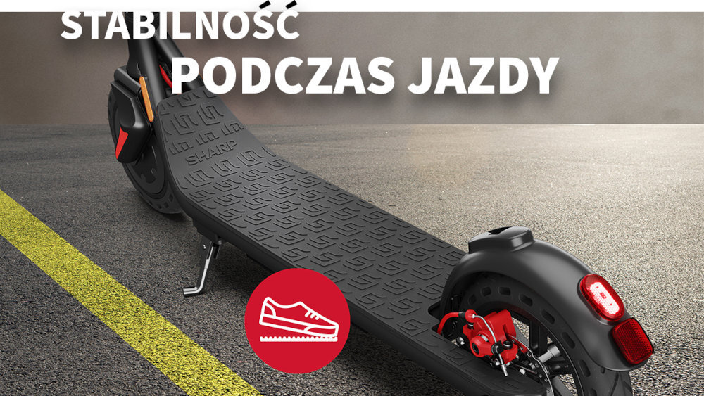 HULAJNOGA ELEKTRYCZNA SHARP 8,5 EM-KS1 stabilnosc podczas jazdy
