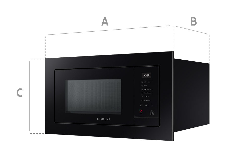 Rysunek techniczny przedstawiający poszczególne wymiary kuchenki mikrofalowej do zabudowy, która dostępna jest w ofercie sieci sklepów Media Expert